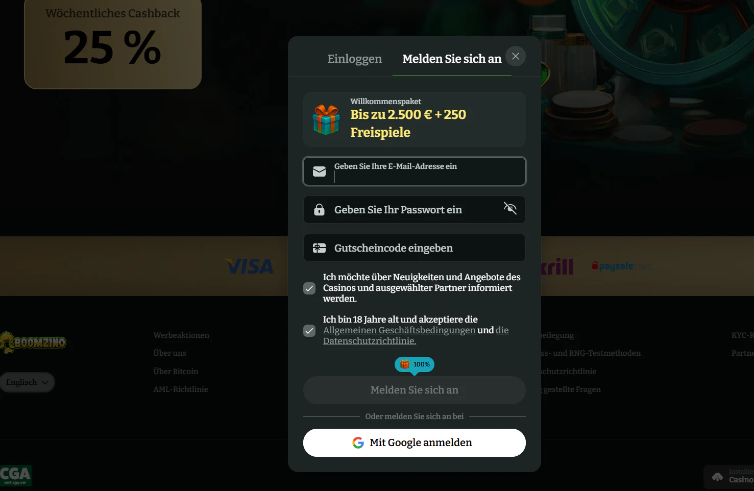 Boomzino Casino Registrierungsformular mit E-Mail, Passwort, Gutscheincode und Google-Anmeldung