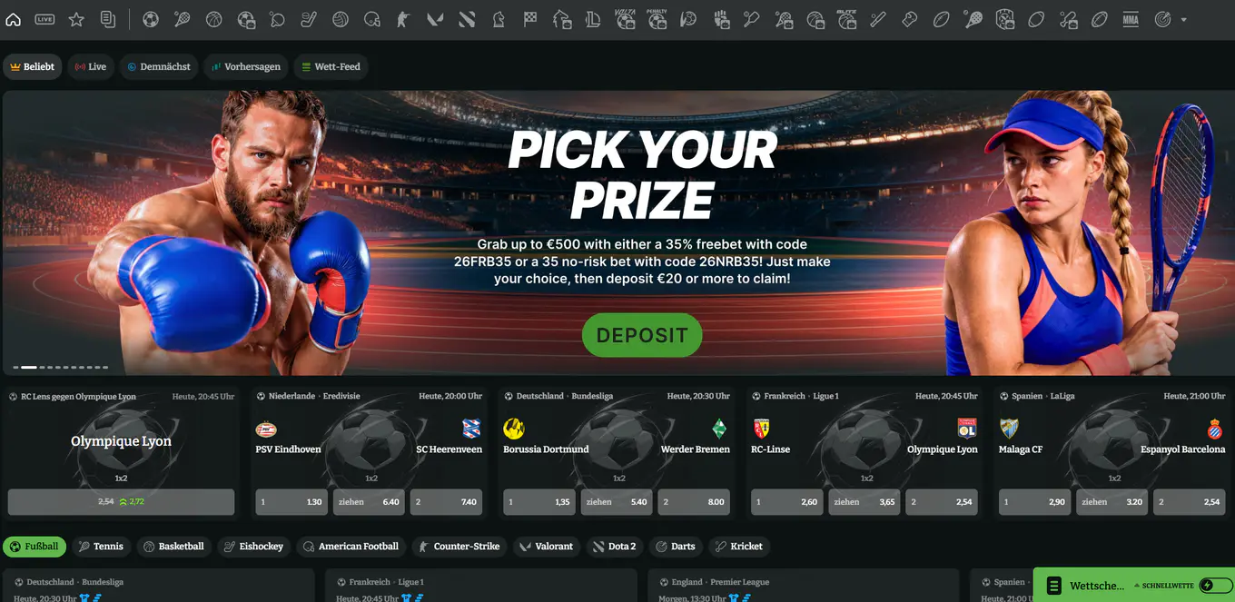 Boomzino Casino Sportwetten mit Bundesliga, internationalen Fußballligen, Live-Wetten, Esport und aktuellen Wettquoten